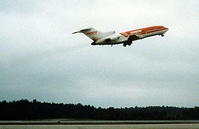 An Emery B727-100 after takeoff at Dayton, Ohio in 1987